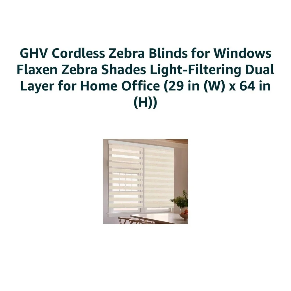 GHV Cordless Zebra Blinds 29x64 White Flaxen Dual Layer Light Filtering Shade